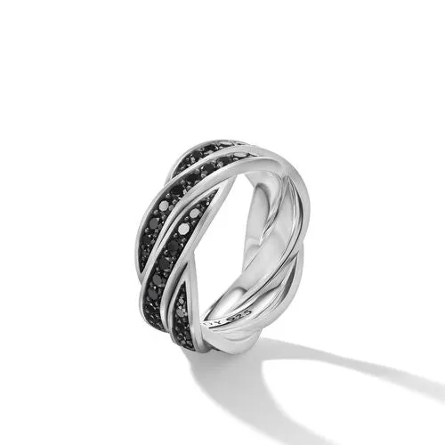 DY Helios Band Ring in Sterling Silver with Pavé Black Diamonds, Size 11
