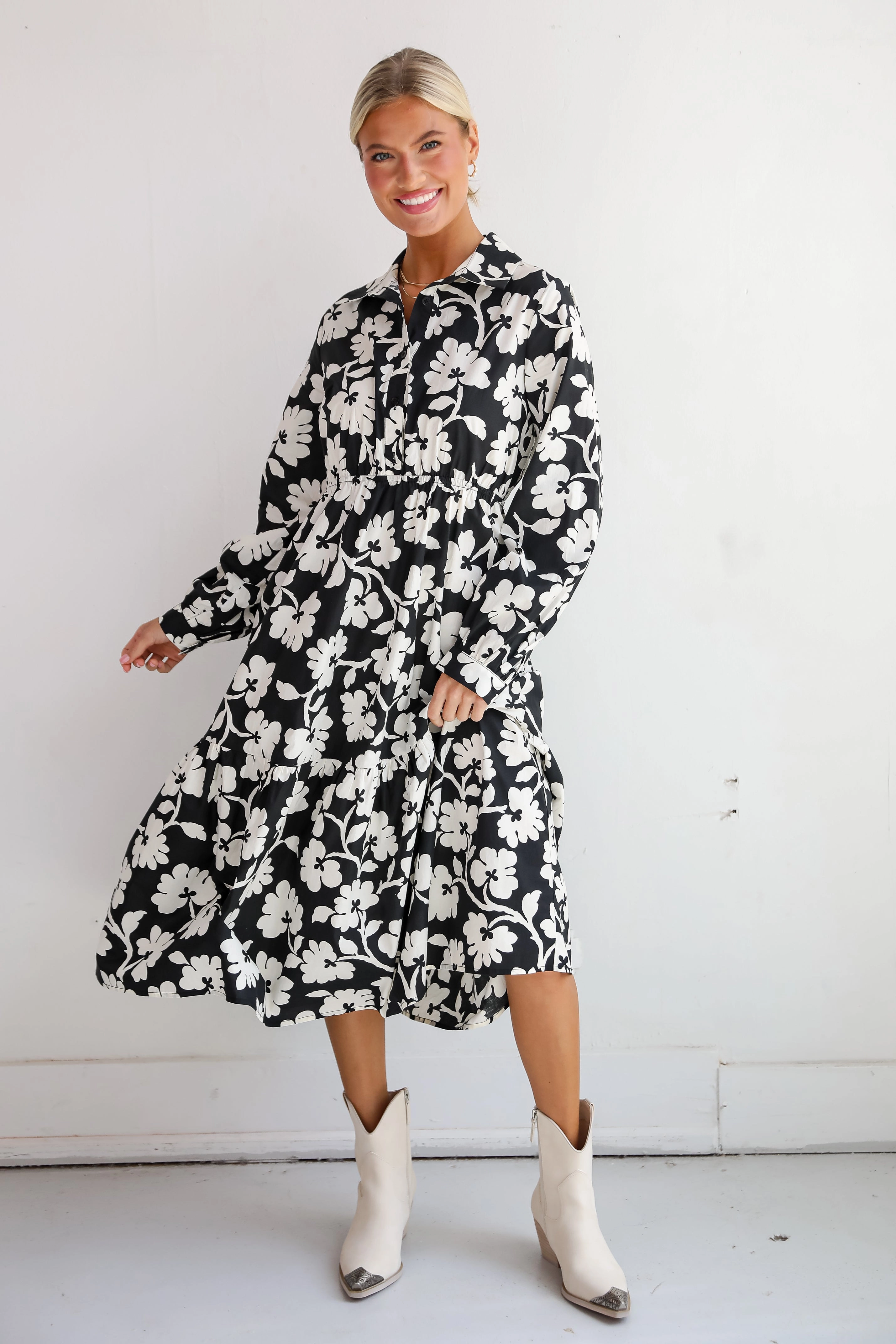FINAL SALE - Charmed Perfection Black Floral Midi Dress