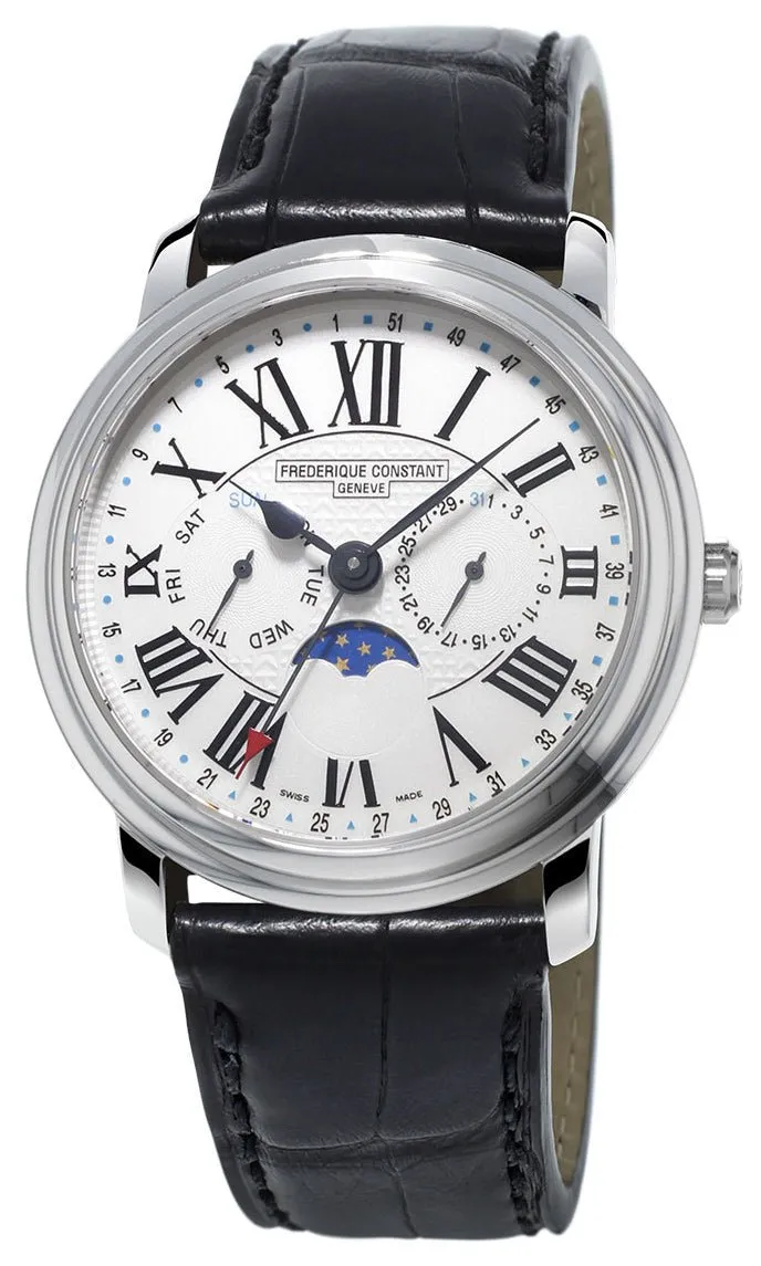Frederique Constant Classics Business Timer Steel Black Leather Strap Mens Watch Moonphase Day/Date FC-270M4P6