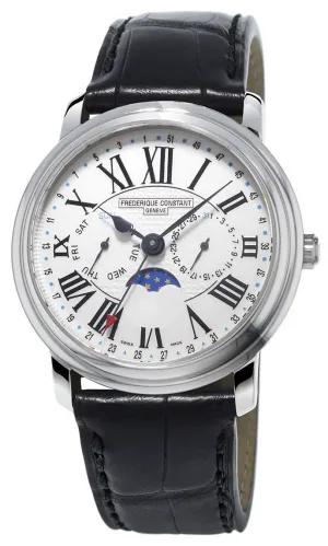 Frederique Constant Classics Business Timer Steel Black Leather Strap Mens Watch Moonphase Day/Date FC-270M4P6