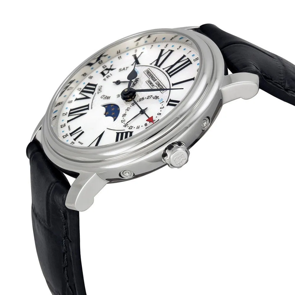 Frederique Constant Classics Business Timer Steel Black Leather Strap Mens Watch Moonphase Day/Date FC-270M4P6