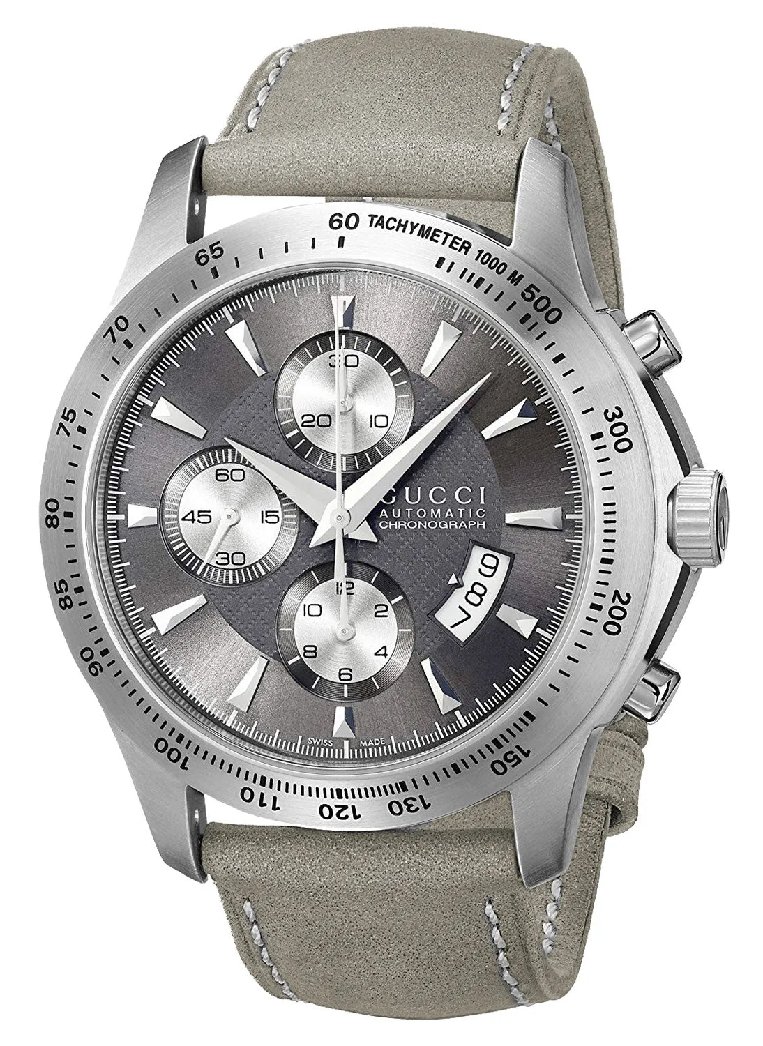 Gucci G-Timeless Automatic Stainless Steel YA126241 Dark Gray Chronograph Dial Gray Leather Strap Men's Watch