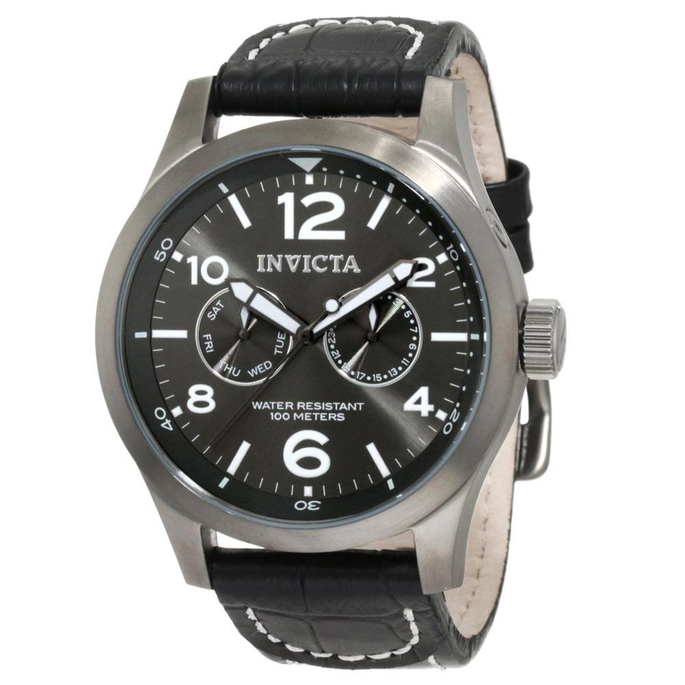 Invicta 10492 Men's Specialty Gunmetal Dial Gunmetal IP Steel Leather Strap Watch