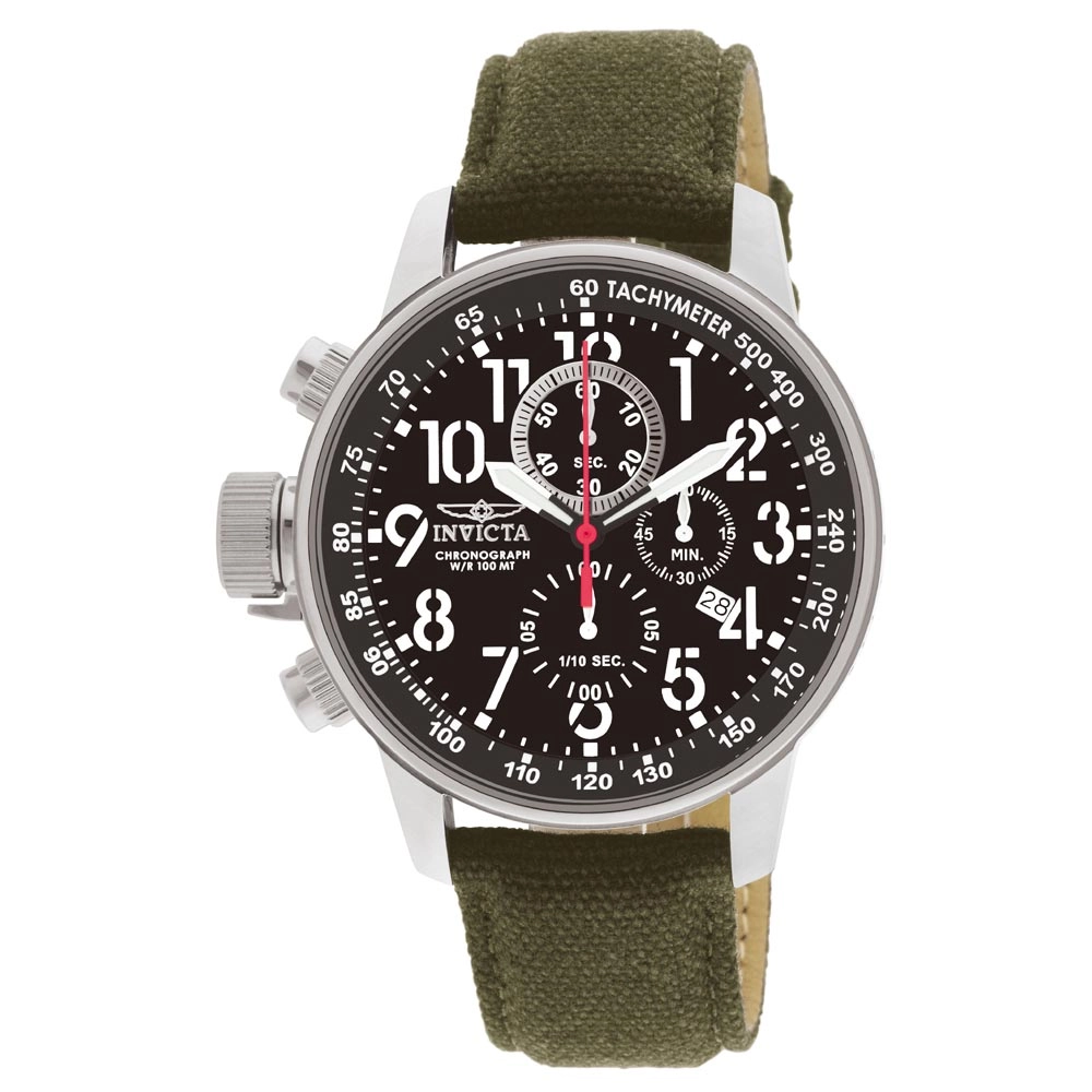 Invicta 1873 Men's I-Force Lefty Black Dial Green Fabric &#38; Leather Strap Chronograph Watch