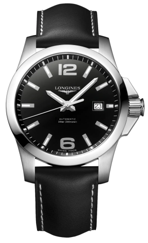 Longines Conquest Automatic Stainless Steel Black Dial Black Leather Strap Date Divers Mens Watch L3.778.4.58.3