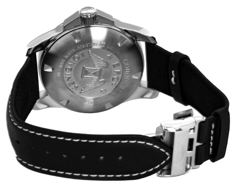 Longines Conquest Automatic Stainless Steel Black Dial Black Leather Strap Date Divers Mens Watch L3.778.4.58.3