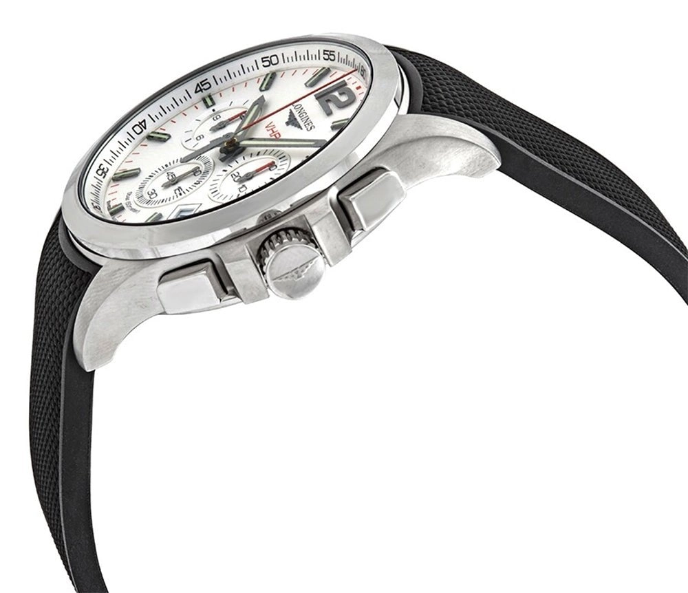 Longines Conquest V.H.P. Chronograph Stainless Steel Silver Dial Black Rubber Strap Perpetual Calendar Date Quartz Mens Watch L3.717.4.76.9