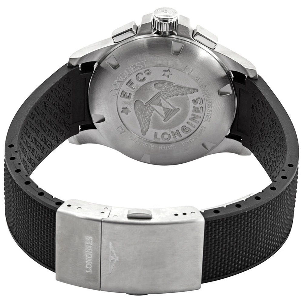 Longines Conquest V.H.P. Chronograph Stainless Steel Silver Dial Black Rubber Strap Perpetual Calendar Date Quartz Mens Watch L3.717.4.76.9