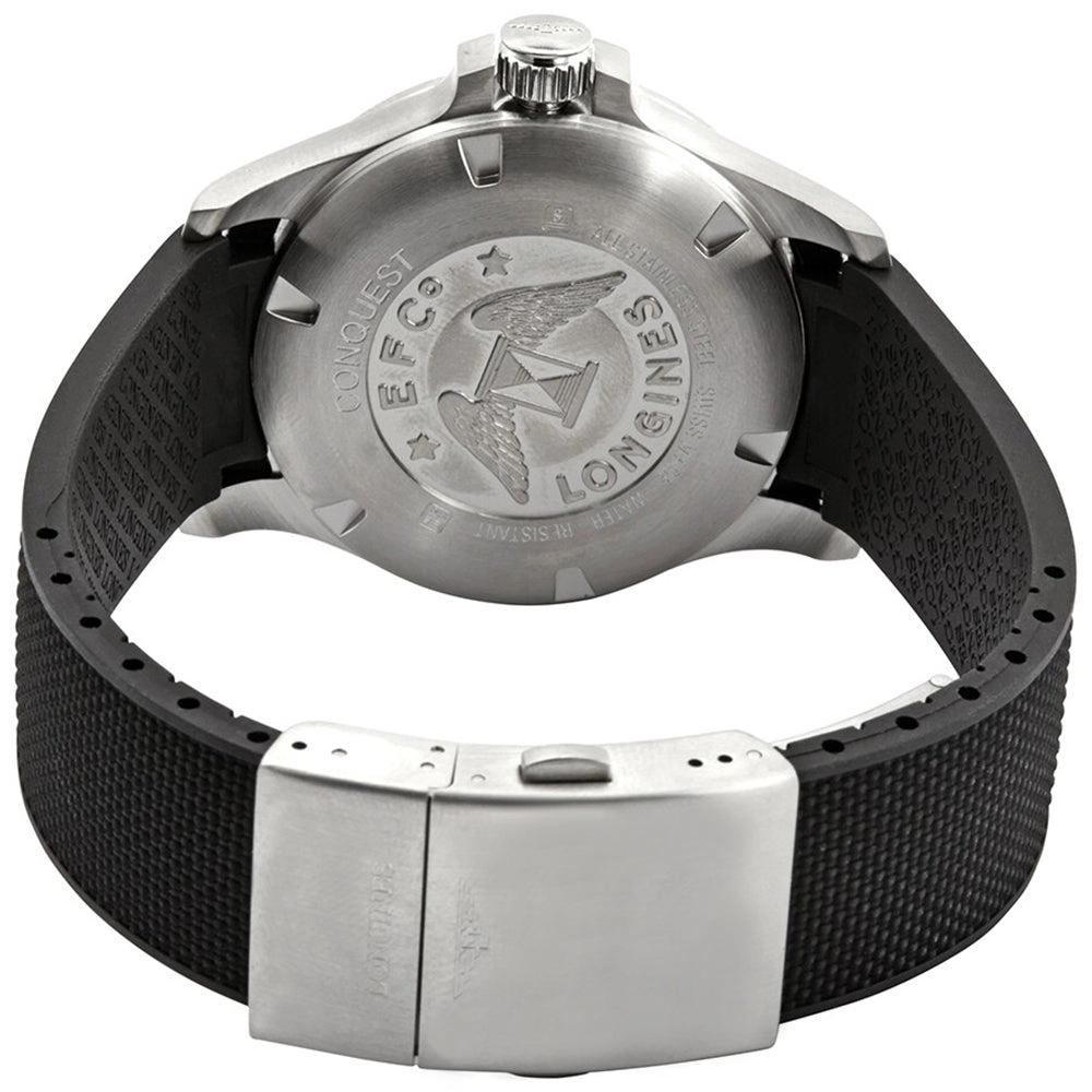 Longines Conquest V.H.P. Stainless Steel Black Dial Black Rubber Strap Perpetual Calendar Date Quartz Mens Watch L3.726.4.56.9