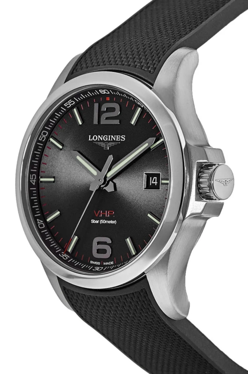 Longines Conquest V.H.P. Stainless Steel Black Dial Black Rubber Strap Perpetual Calendar Date Quartz Mens Watch L3.726.4.56.9