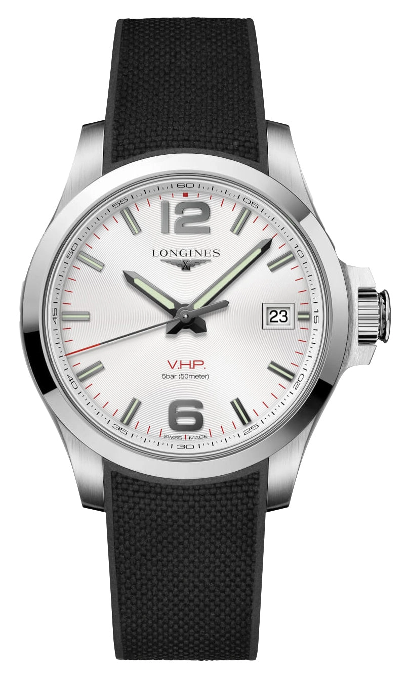 Longines Conquest V.H.P. Stainless Steel Silver Dial Black Rubber Strap Perpetual Calendar Date Quartz Mens Watch L3.716.4.76.9