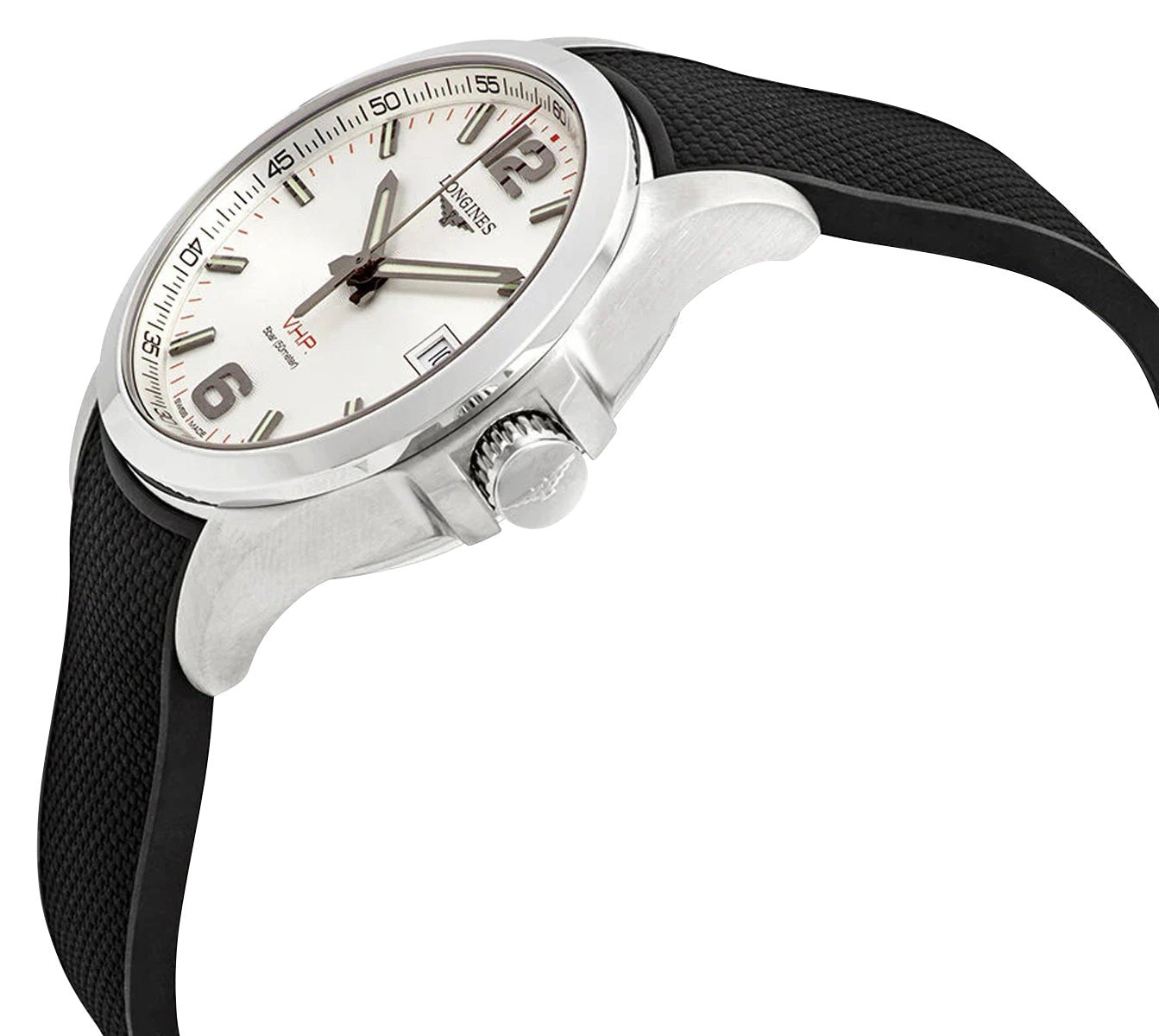 Longines Conquest V.H.P. Stainless Steel Silver Dial Black Rubber Strap Perpetual Calendar Date Quartz Mens Watch L3.716.4.76.9