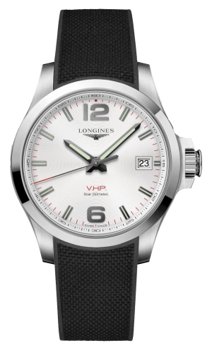 Longines Conquest V.H.P. Stainless Steel Silver Dial Black Rubber Strap Perpetual Calendar Date Quartz Mens Watch L3.716.4.76.9
