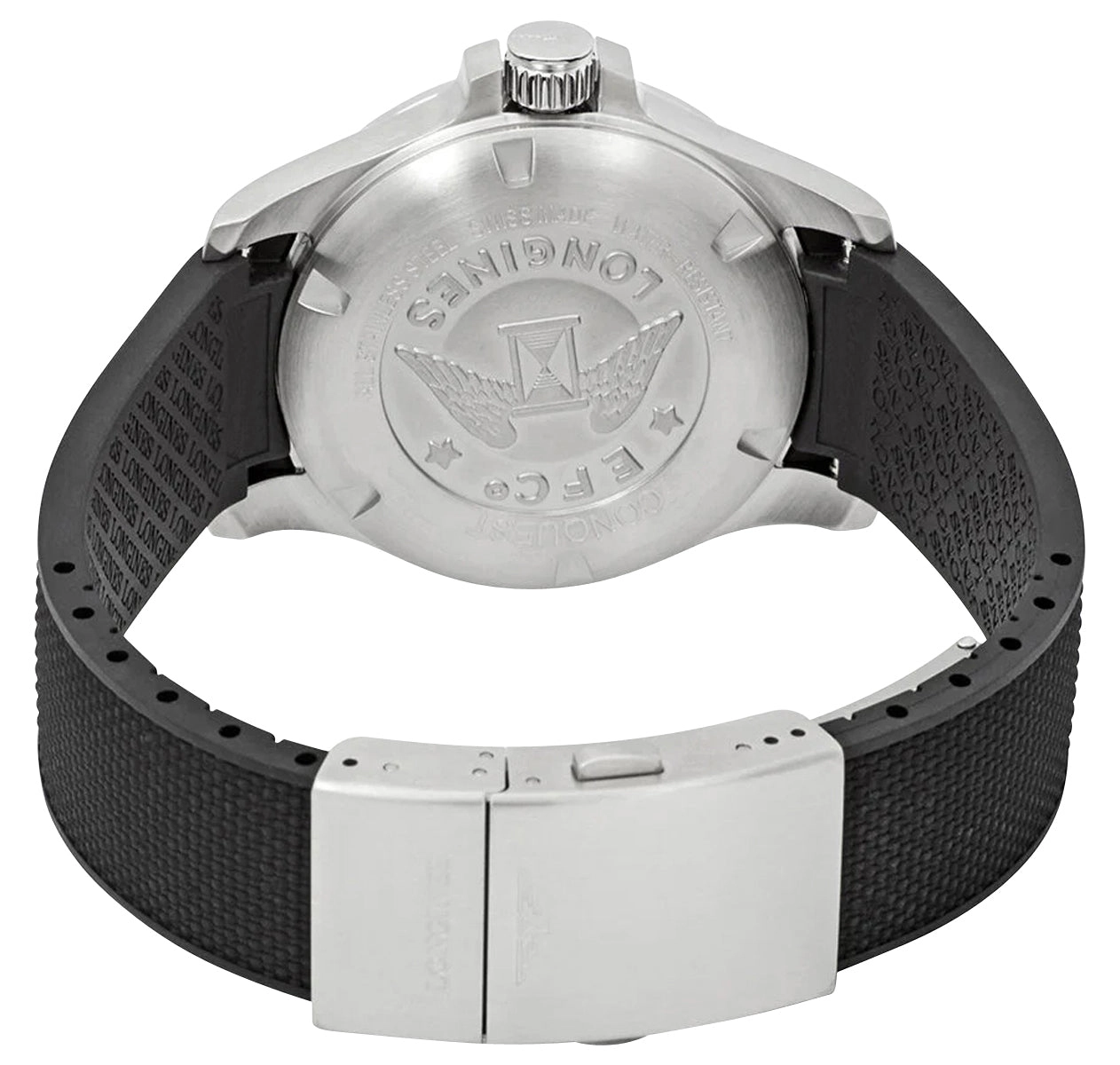 Longines Conquest V.H.P. Stainless Steel Silver Dial Black Rubber Strap Perpetual Calendar Date Quartz Mens Watch L3.716.4.76.9