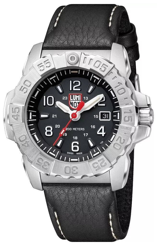 Luminox Navy SEAL Stainless Steel Black Dial Black Leather Strap Date Divers Quartz Mens Watch XS.3251
