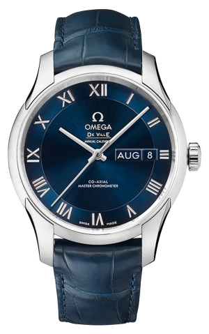 Omega De Ville Hour Vision Automatic Chronometer Stainless Steel Blue Dial Blue Leather Strap Date/Month Mens Watch 433.13.41.22.03.001