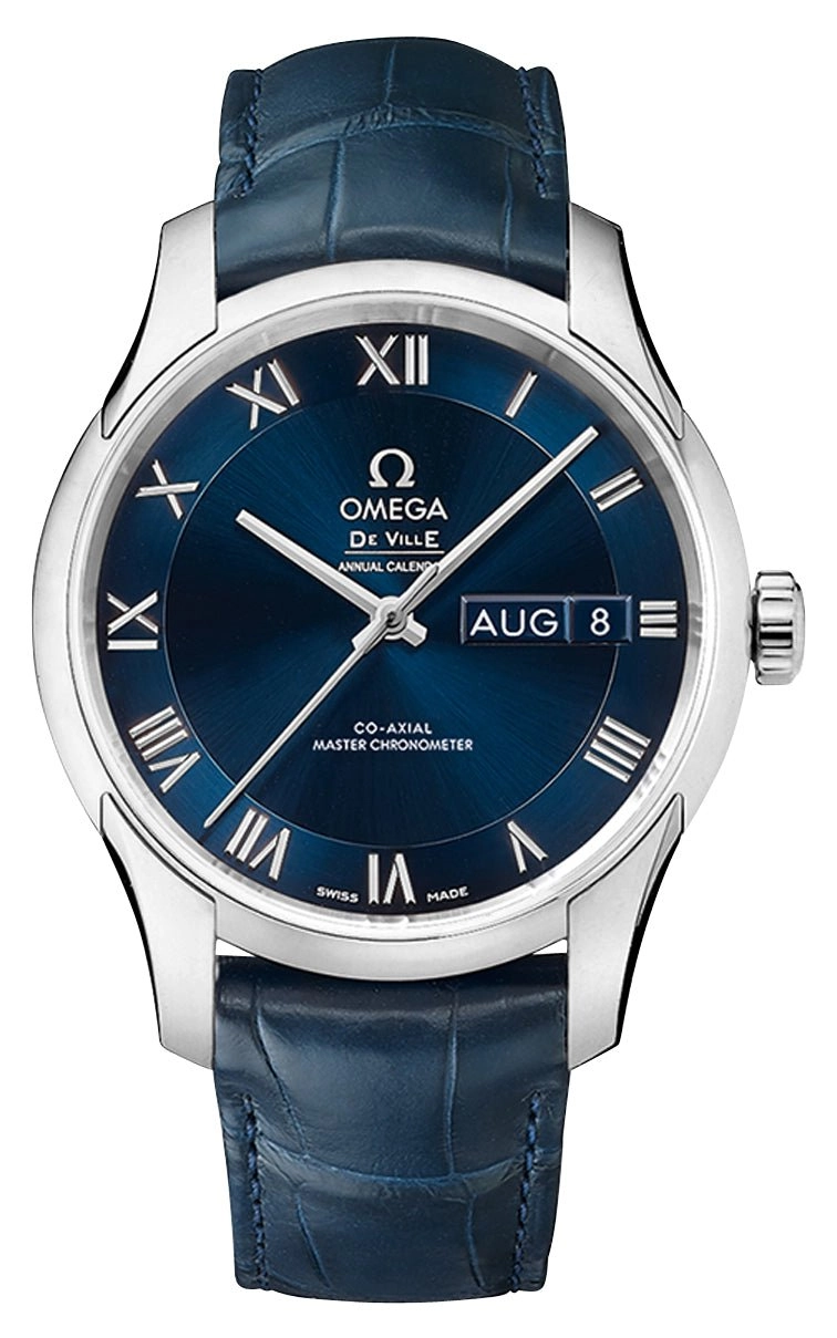 Omega De Ville Hour Vision Automatic Chronometer Stainless Steel Blue Dial Blue Leather Strap Date/Month Mens Watch 433.13.41.22.03.001