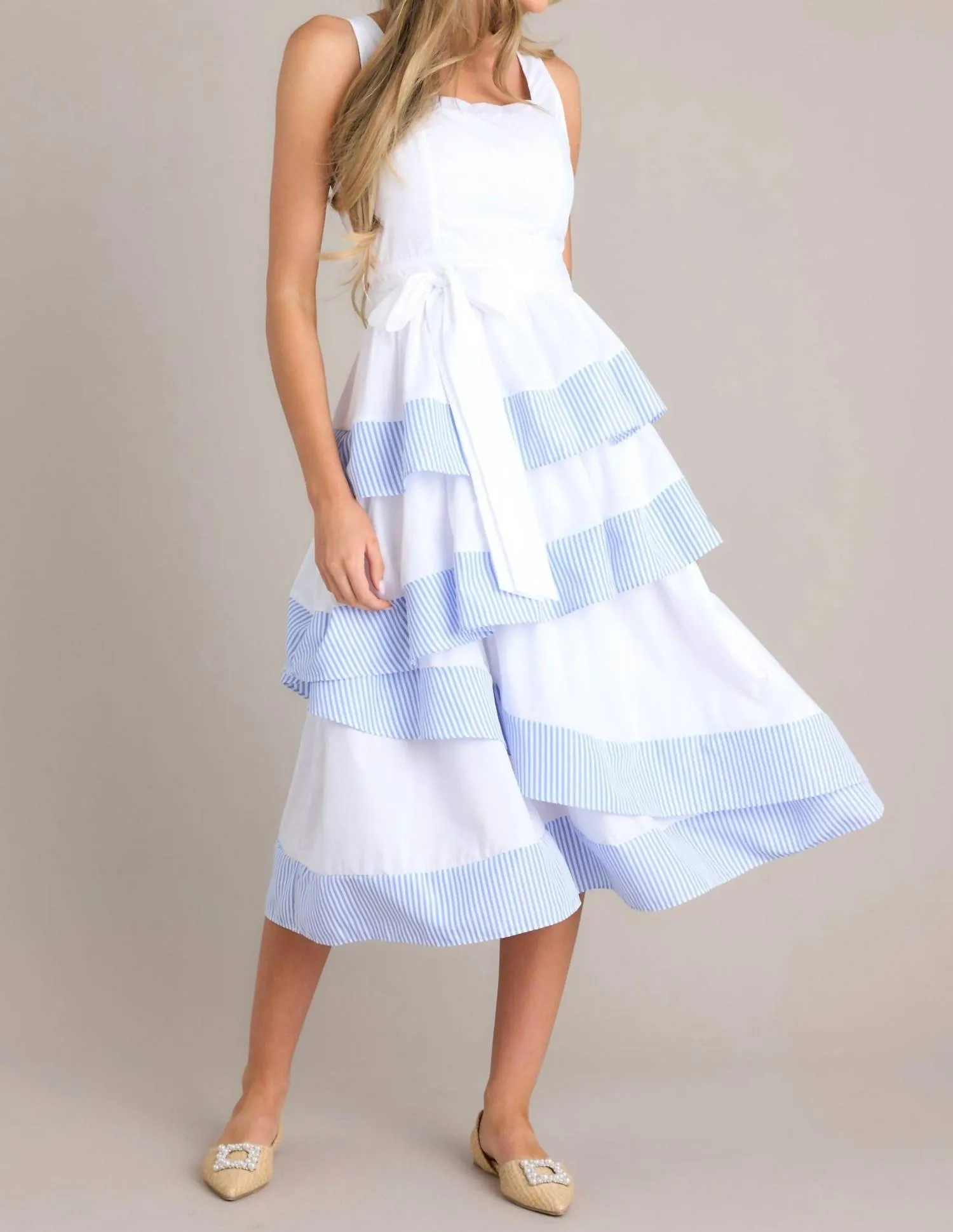 "derby Days" Stripe Ruffle Midi Dress In White/blue