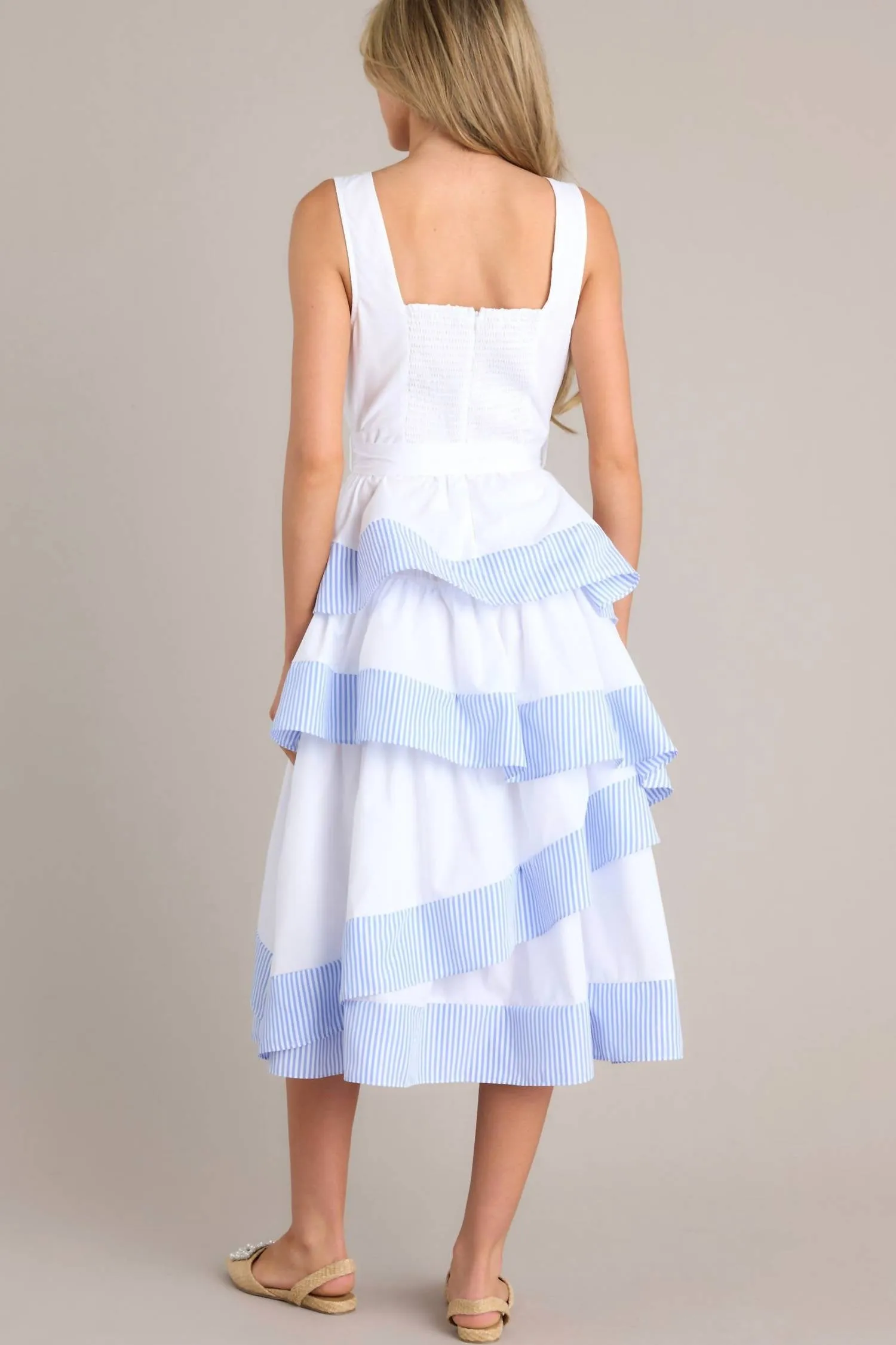 "derby Days" Stripe Ruffle Midi Dress In White/blue