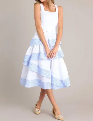 "derby Days" Stripe Ruffle Midi Dress In White/blue