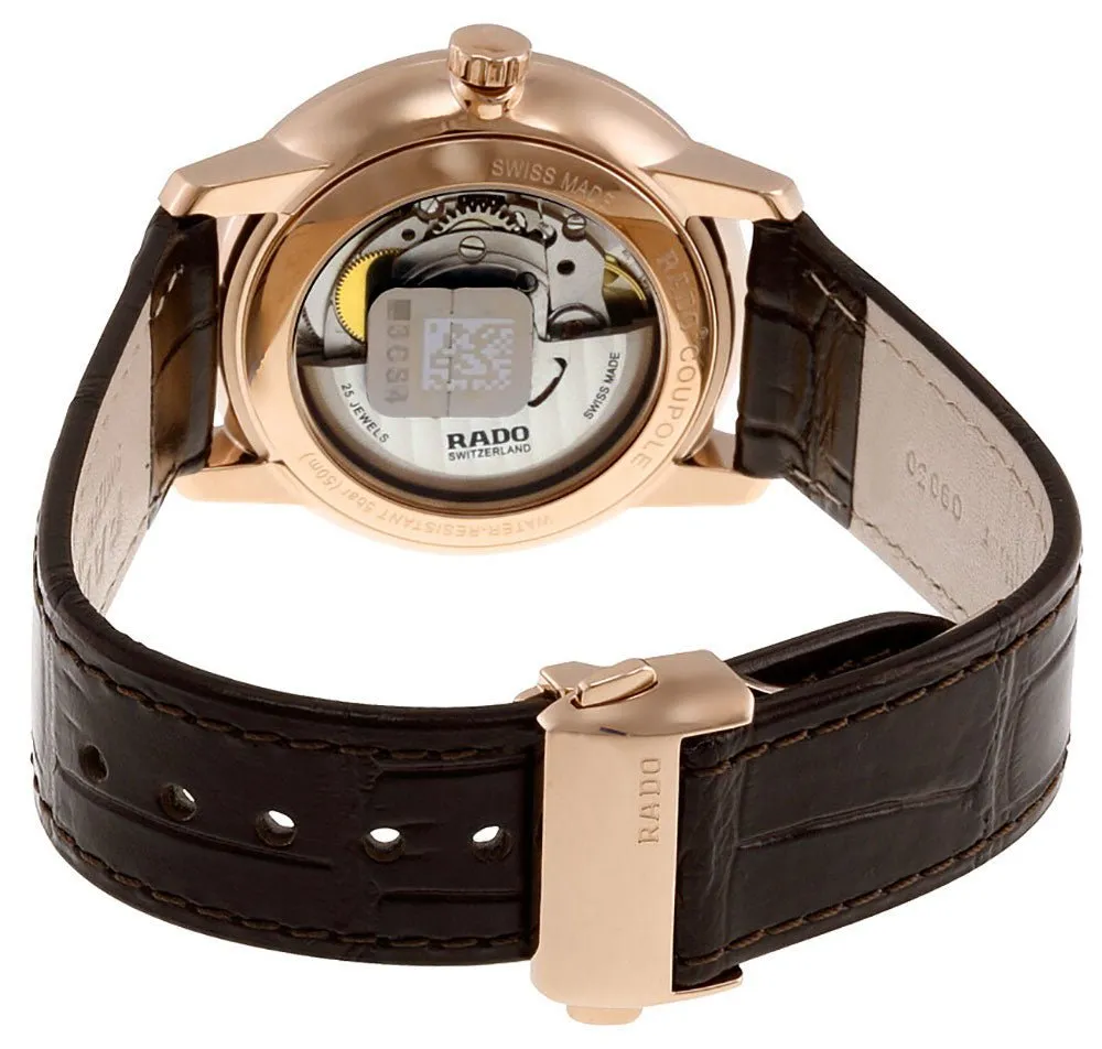 Rado Coupole Classic Automatic Rose Gold-Tone Stainless Steel Black Dial Brown Leather Strap Date Mens Watch R22861165