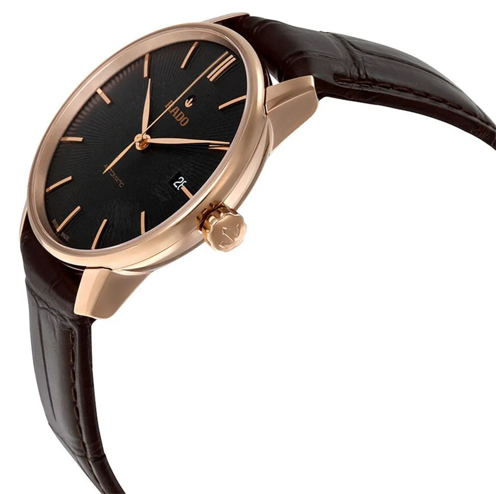 Rado Coupole Classic Automatic Rose Gold-Tone Stainless Steel Black Dial Brown Leather Strap Date Mens Watch R22861165