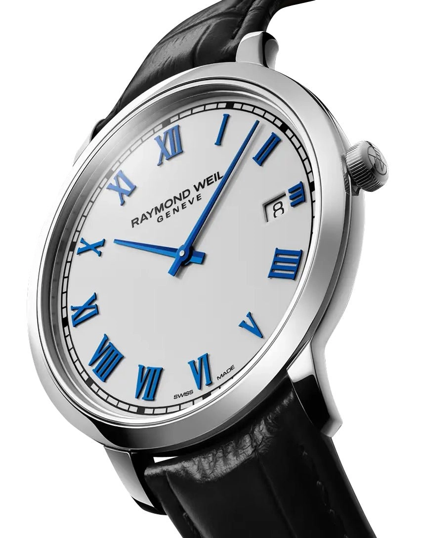 Raymond Weil Toccata Stainless Steel White Dial Black Leather Strap Date Quartz Mens Watch 5585-STC-00353