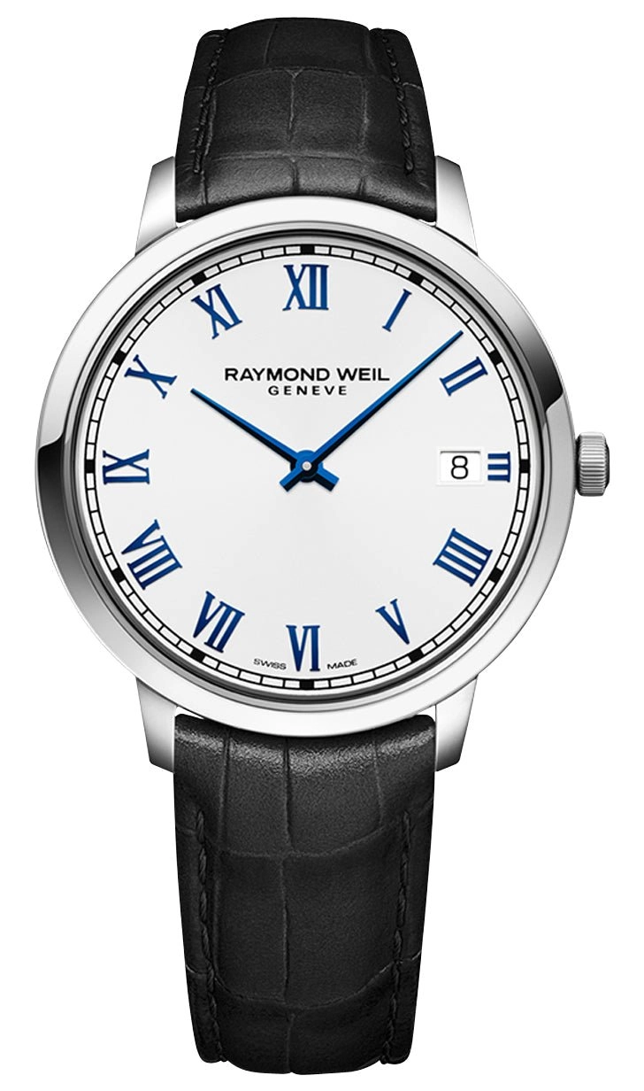 Raymond Weil Toccata Stainless Steel White Dial Black Leather Strap Date Quartz Mens Watch 5585-STC-00353