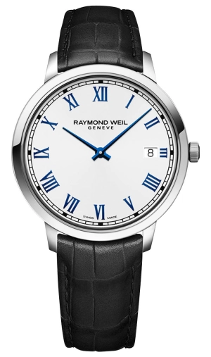 Raymond Weil Toccata Stainless Steel White Dial Black Leather Strap Date Quartz Mens Watch 5585-STC-00353