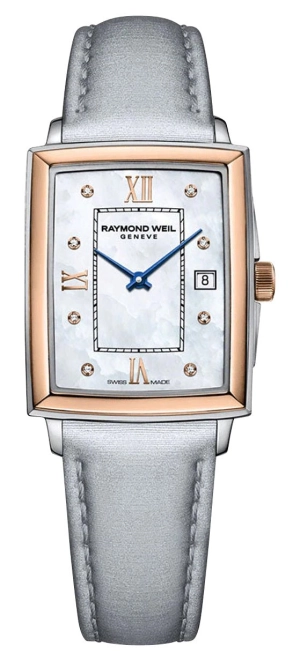 Raymond Weil Toccata Two-Tone Stainless Steel Mother-Of-Pearl Dial Gray Satin Strap Diamonds Date Quartz Womens Watch 5925-SC5-00995