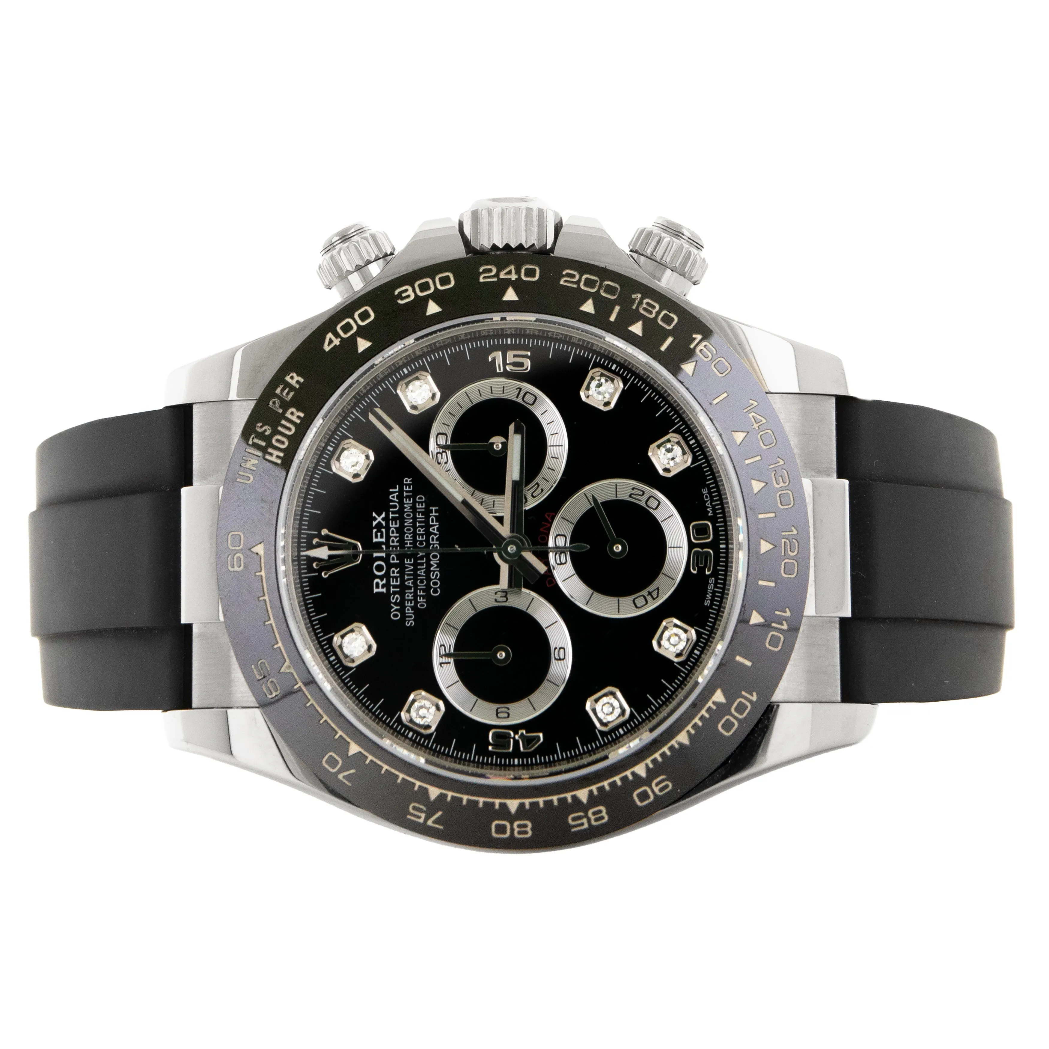 Rolex Cosmograph Daytona White Gold Black Dial Diamonds Oysterflex 40mm 116519LN Full Set