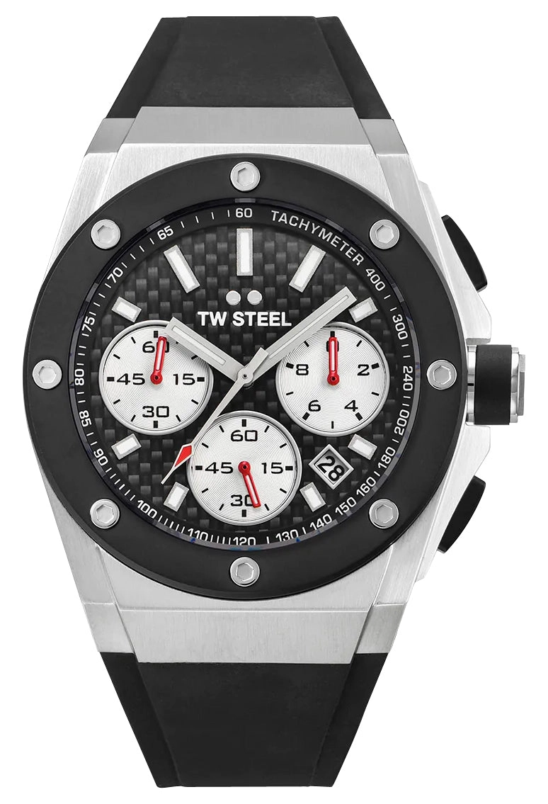 TW Steel CEO Tech Chronograph Stainless Steel Black Dial Black Silicon Strap Date Quartz Mens Watch CE4019