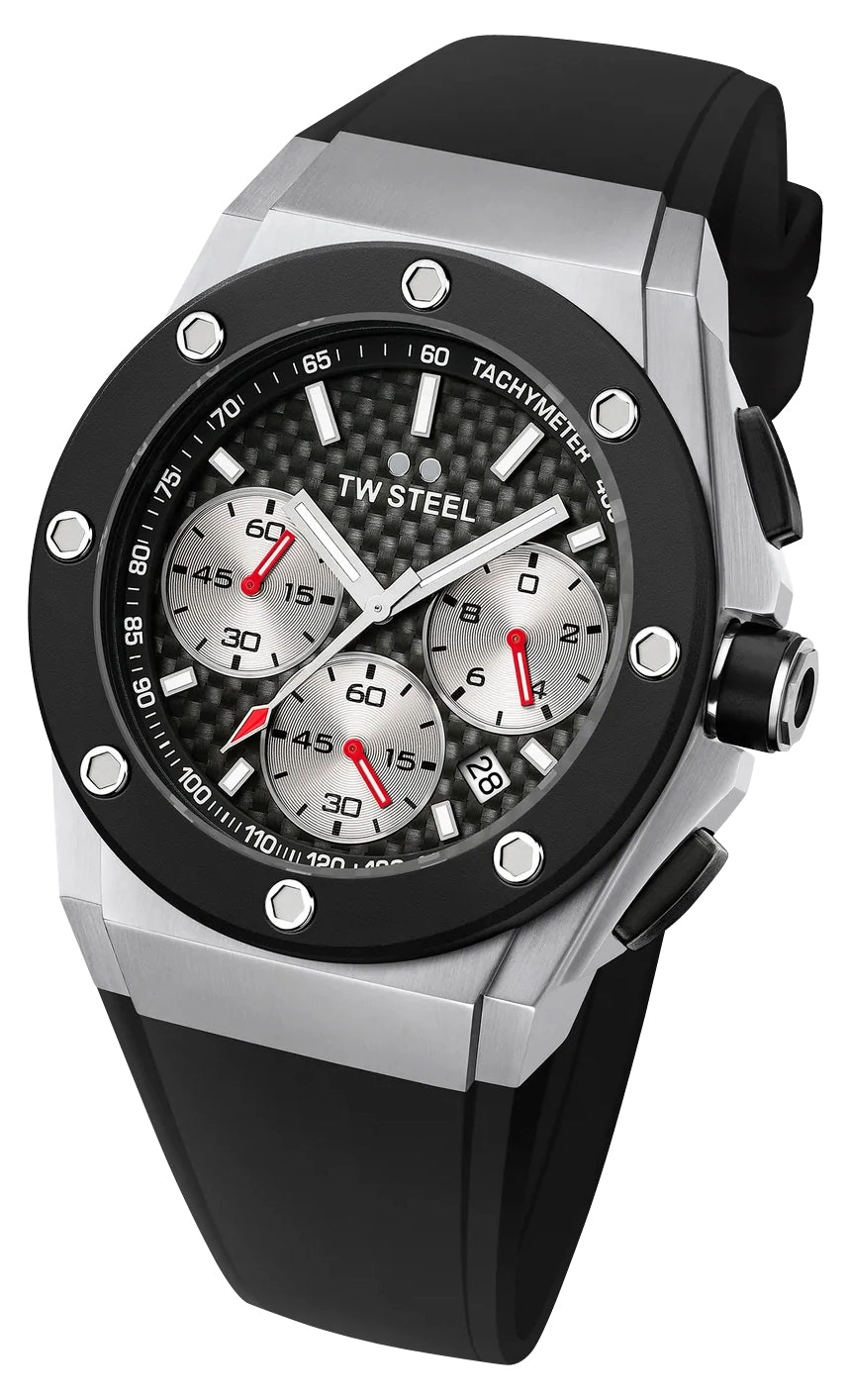 TW Steel CEO Tech Chronograph Stainless Steel Black Dial Black Silicon Strap Date Quartz Mens Watch CE4019