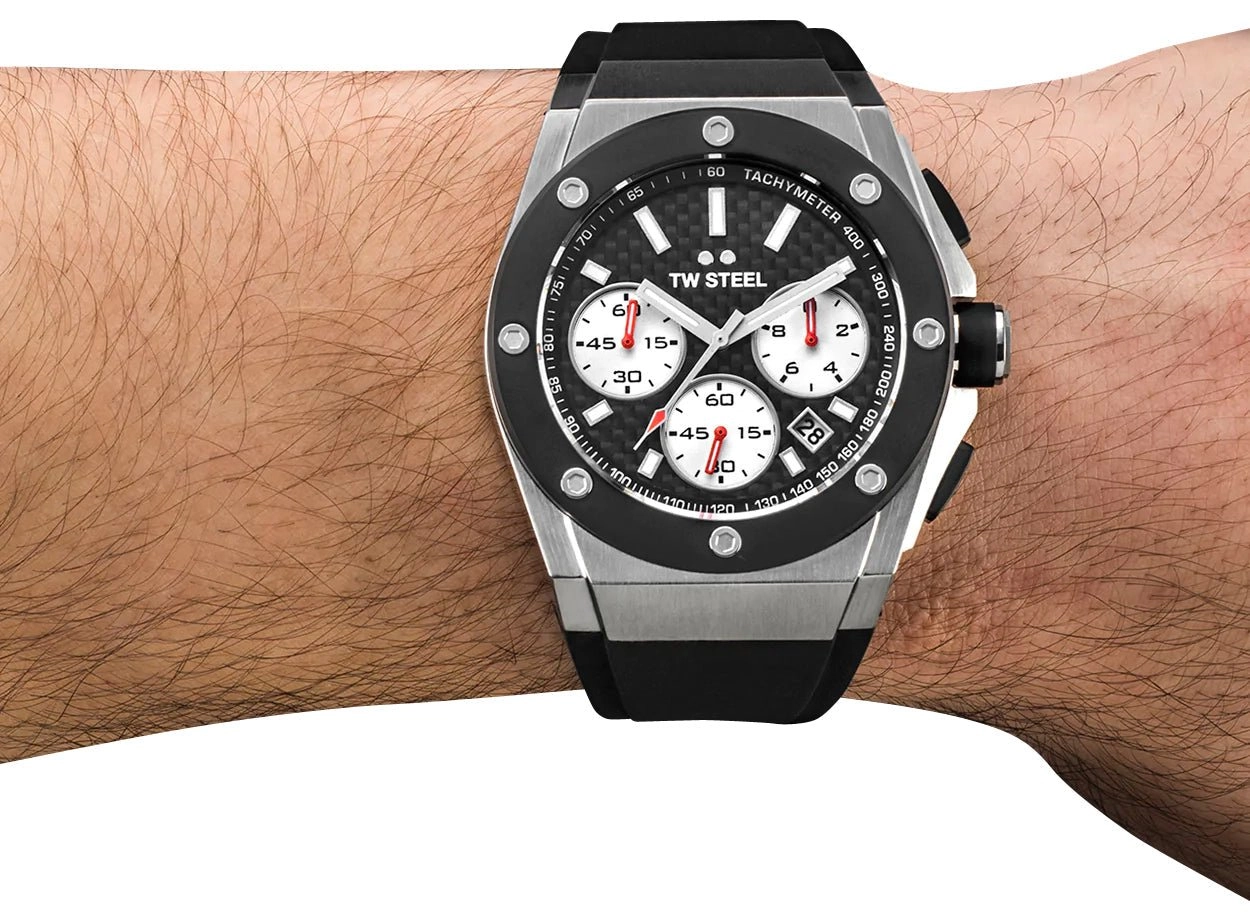 TW Steel CEO Tech Chronograph Stainless Steel Black Dial Black Silicon Strap Date Quartz Mens Watch CE4019