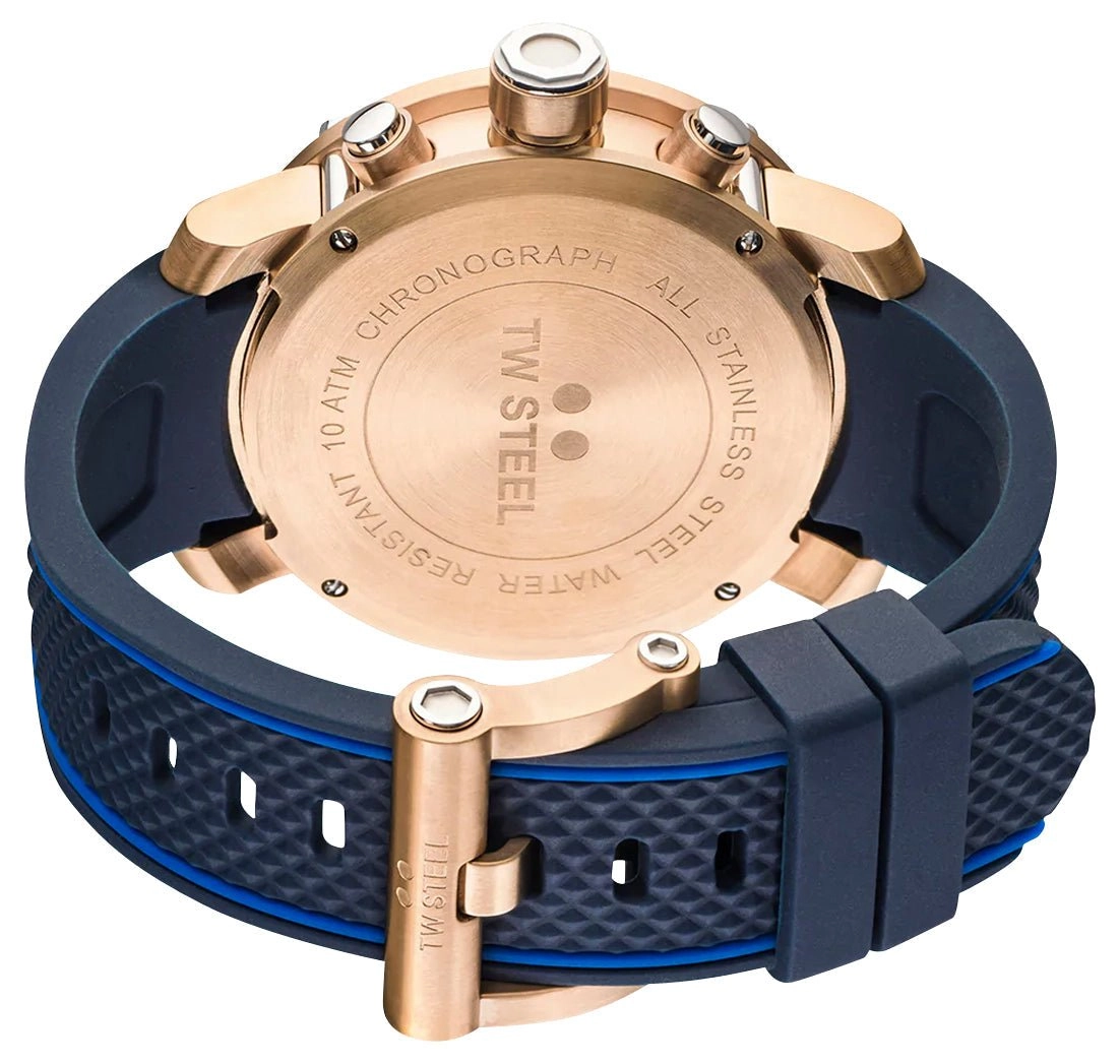TW Steel Grandeur Tech Chronograph Rose Gold PVD Blue Dial Blue Silicon Strap Date Quartz Mens Watch TS3