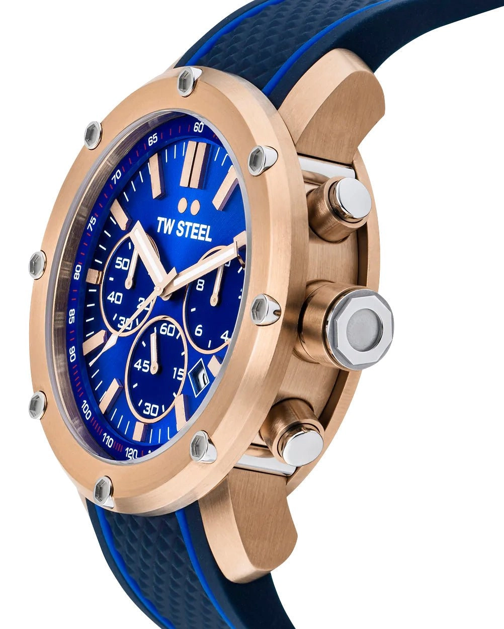 TW Steel Grandeur Tech Chronograph Rose Gold PVD Blue Dial Blue Silicon Strap Date Quartz Mens Watch TS3
