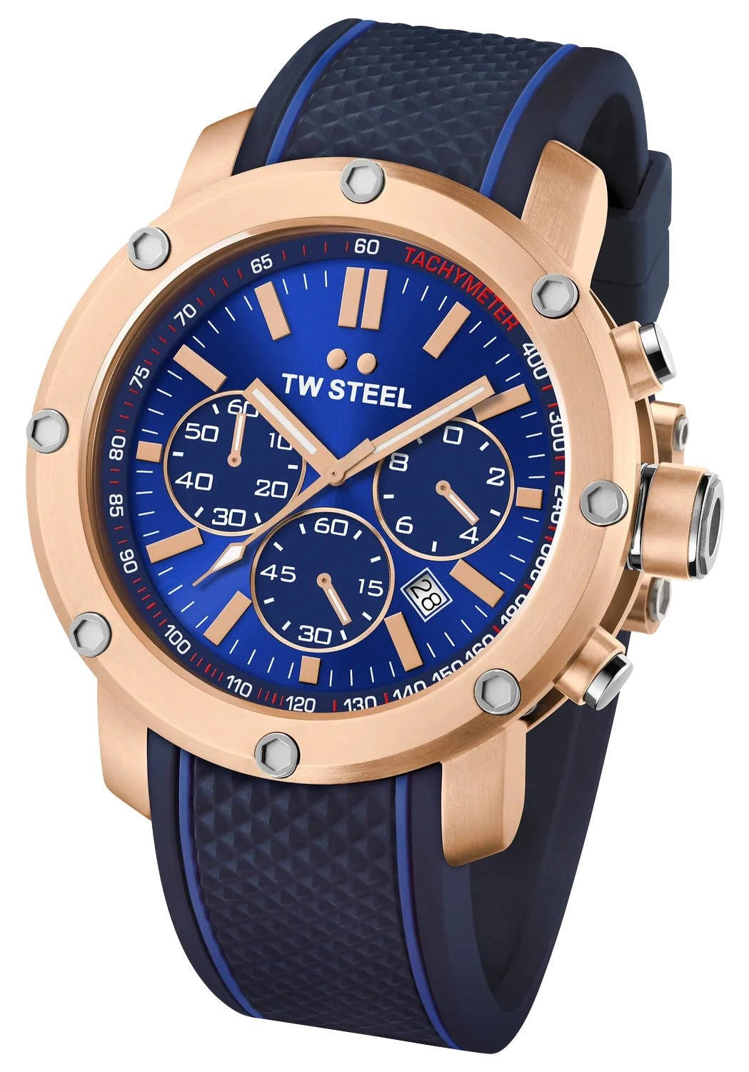 TW Steel Grandeur Tech Chronograph Rose Gold PVD Blue Dial Blue Silicon Strap Date Quartz Mens Watch TS3