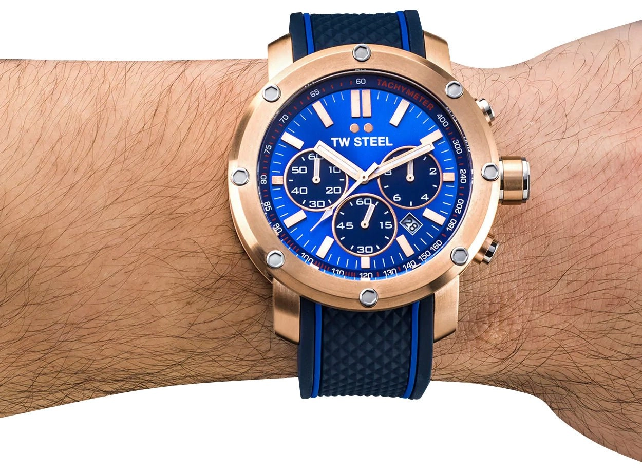 TW Steel Grandeur Tech Chronograph Rose Gold PVD Blue Dial Blue Silicon Strap Date Quartz Mens Watch TS3