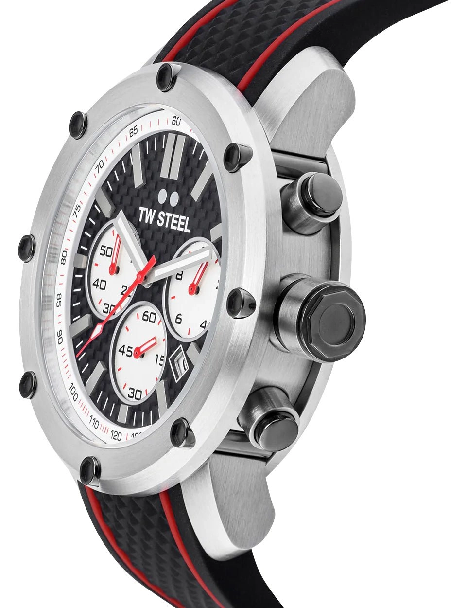 TW Steel Grandeur Tech Chronograph Stainless Steel Black Dial Black Silicon Strap Date Quartz Mens Watch TS2