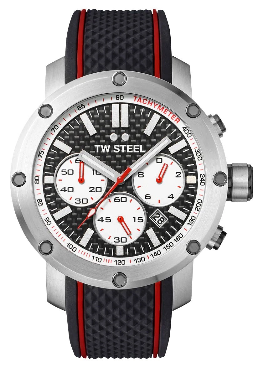 TW Steel Grandeur Tech Chronograph Stainless Steel Black Dial Black Silicon Strap Date Quartz Mens Watch TS2