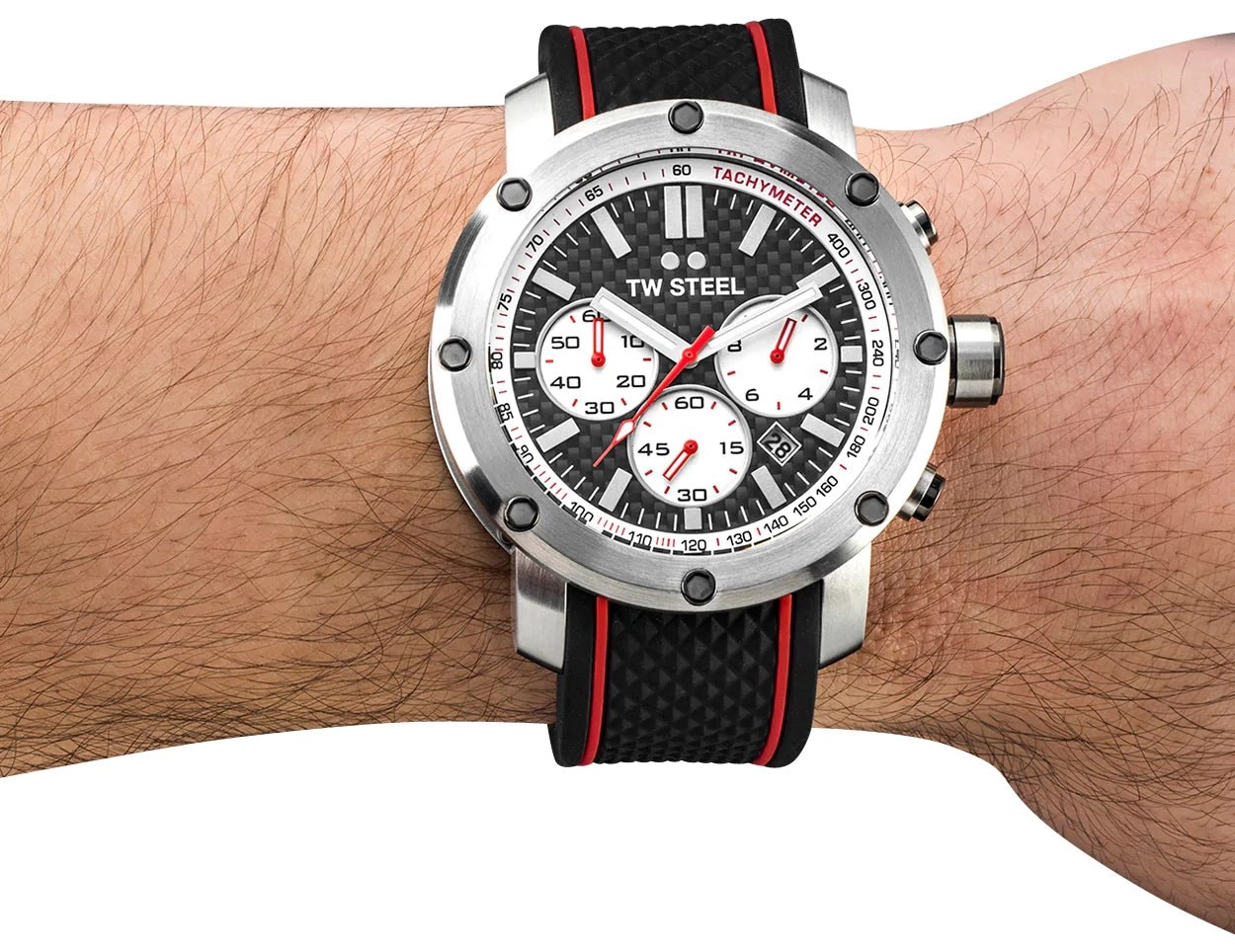 TW Steel Grandeur Tech Chronograph Stainless Steel Black Dial Black Silicon Strap Date Quartz Mens Watch TS2