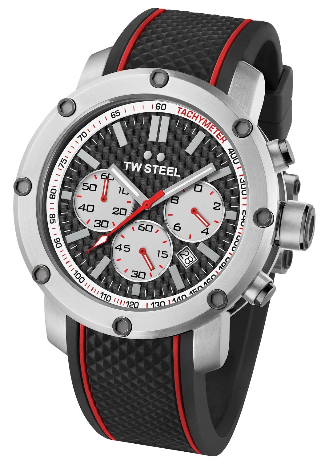 TW Steel Grandeur Tech Chronograph Stainless Steel Black Dial Black Silicon Strap Date Quartz Mens Watch TS2