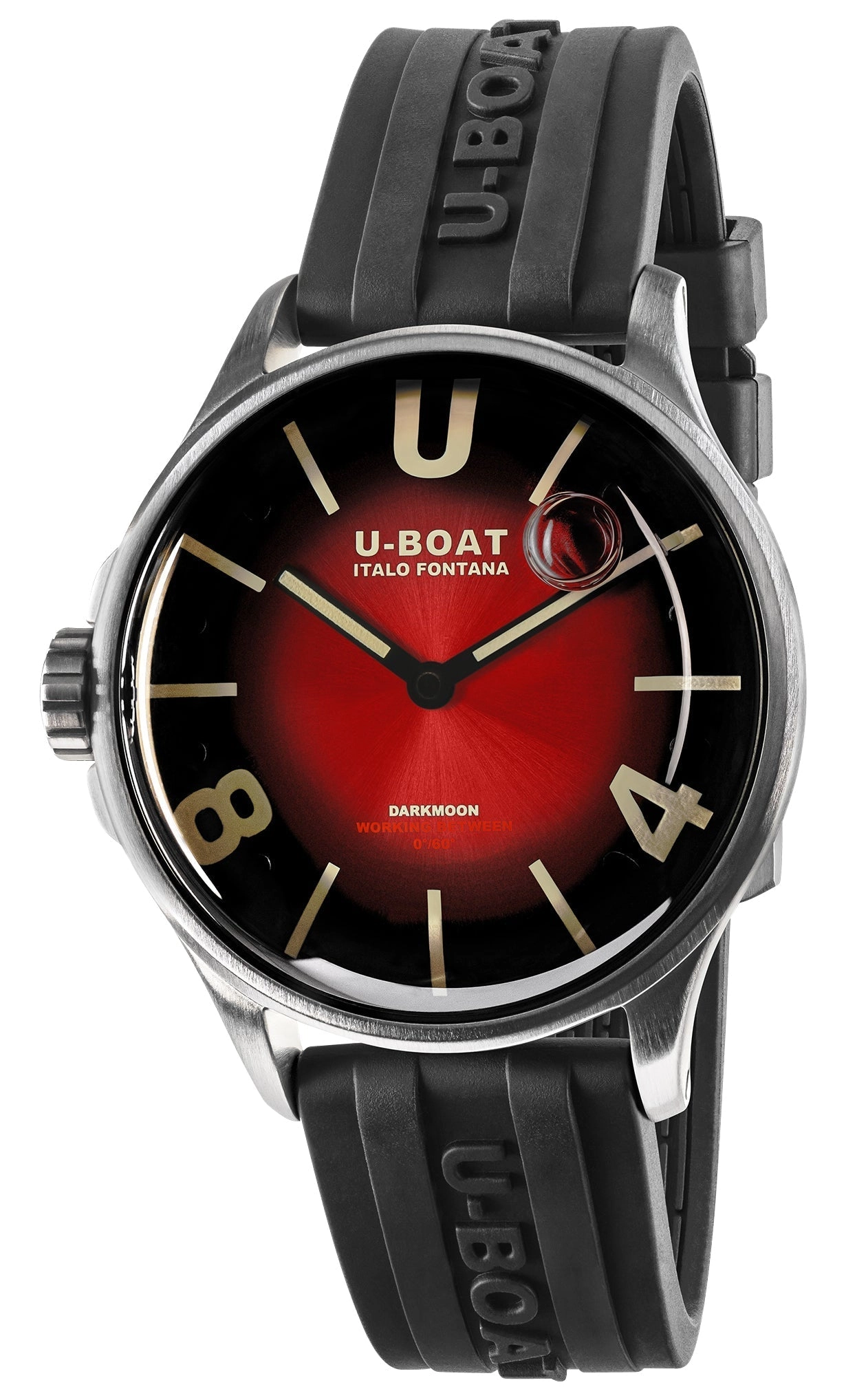 U-Boat Darkmoon Stainless Steel Red Dial Black Rubber Strap Quartz Mens Watch 9500