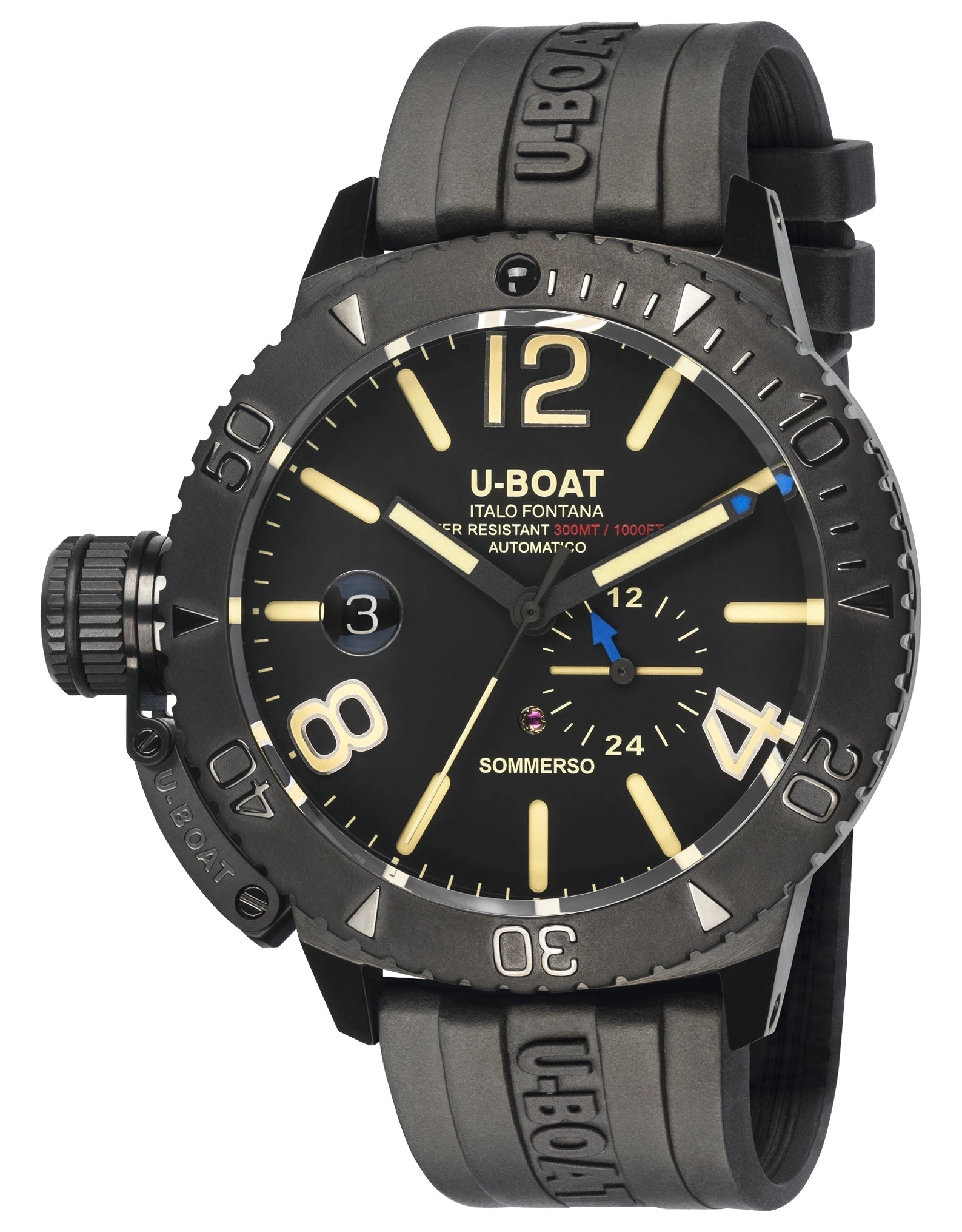 U-Boat Sommerso Automatic Black DLC Steel Black Dial Black Rubber Strap Date Divers Mens Watch 9015