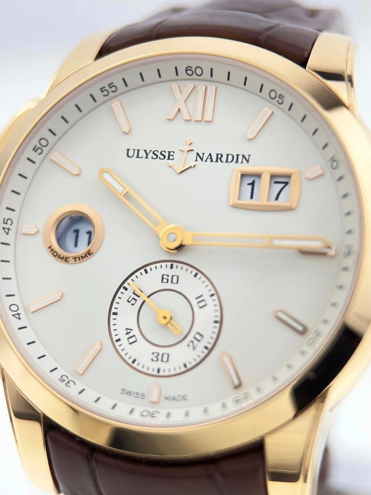 Ulysse Nardin Dual Time Manufacture Auto Rose Gold Mens Strap Watch 3346-126/91