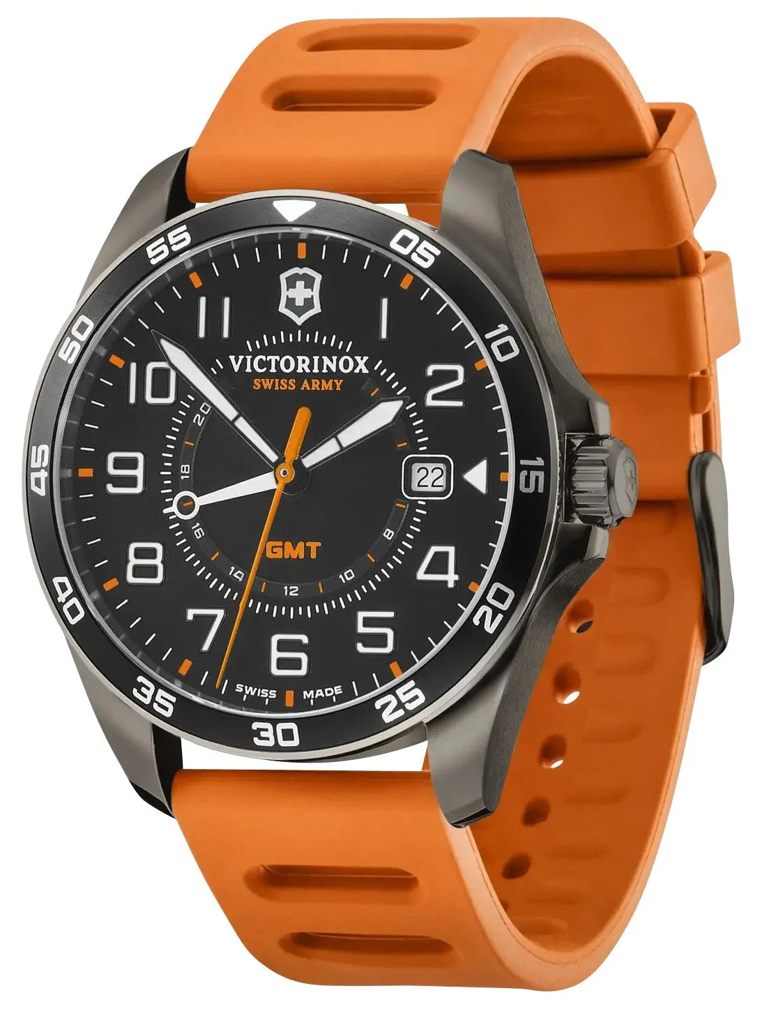 Victorinox Swiss Army Fieldforce Sport GMT Black Stainless Steel Black Dial Orange Rubber Strap Date Quartz Mens Watch 241897