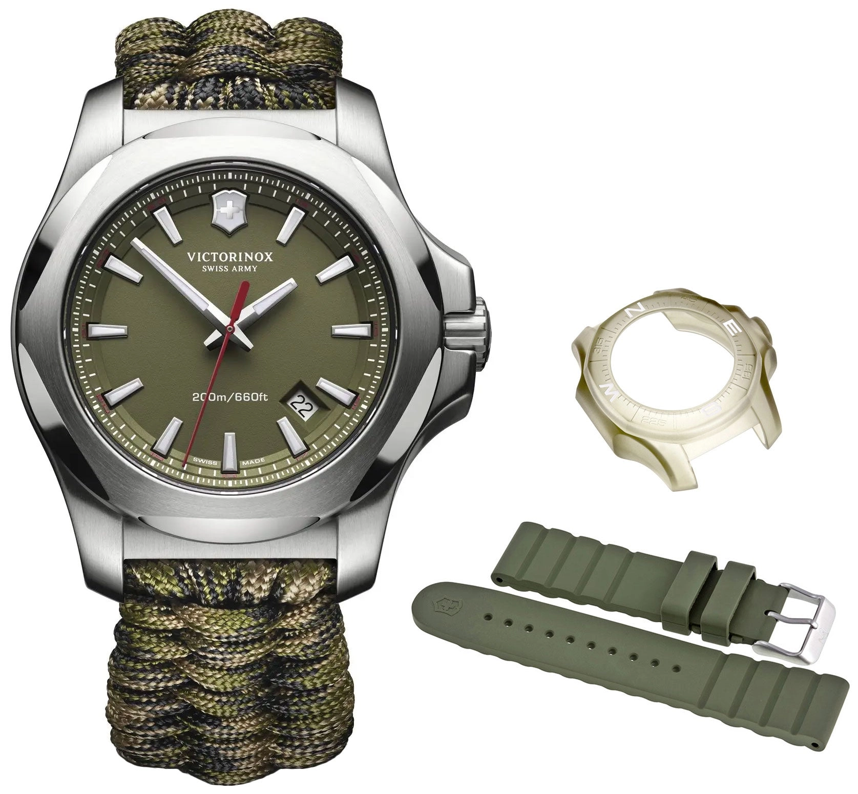 Victorinox Swiss Army I.N.O.X. Stainless Steel Green Dial Paracord Band Interchangeable Green Rubber Strap Date Quartz Mens Watch 241727.1
