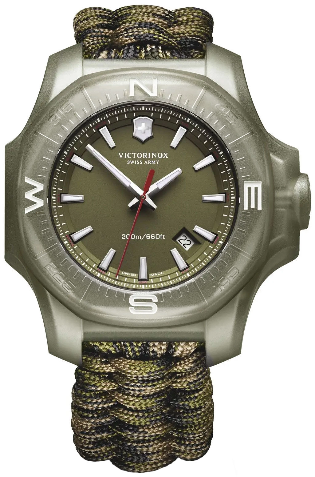 Victorinox Swiss Army I.N.O.X. Stainless Steel Green Dial Paracord Band Interchangeable Green Rubber Strap Date Quartz Mens Watch 241727.1