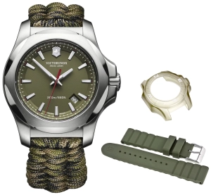 Victorinox Swiss Army I.N.O.X. Stainless Steel Green Dial Paracord Band Interchangeable Green Rubber Strap Date Quartz Mens Watch 241727.1