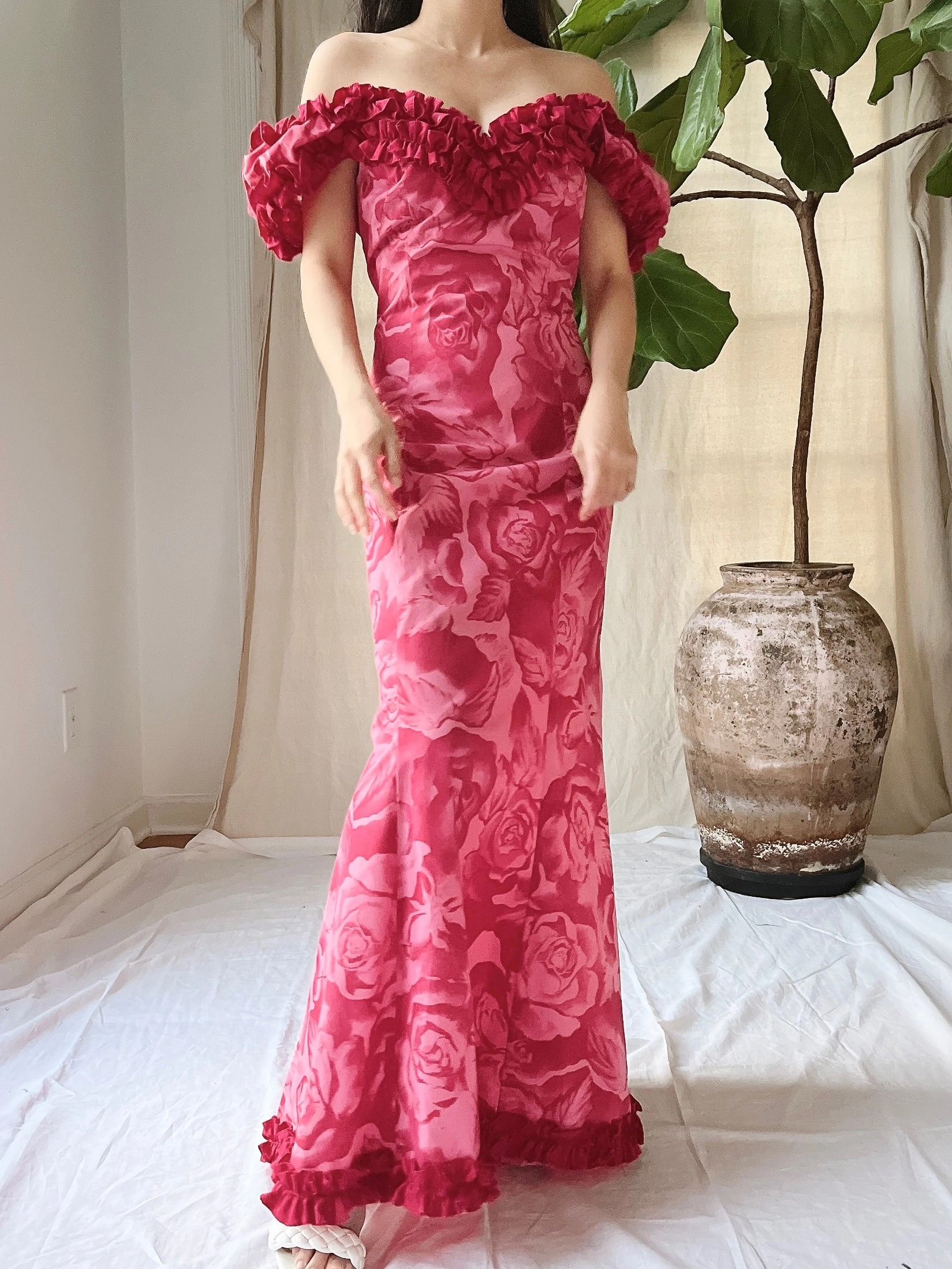 Vintage Polished Cotton Ruffle Shoulder Dress - S/M